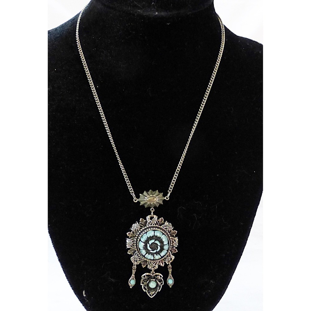 Vintage necklace filigree chain blue stone folk art Victorian Revival Art Deco